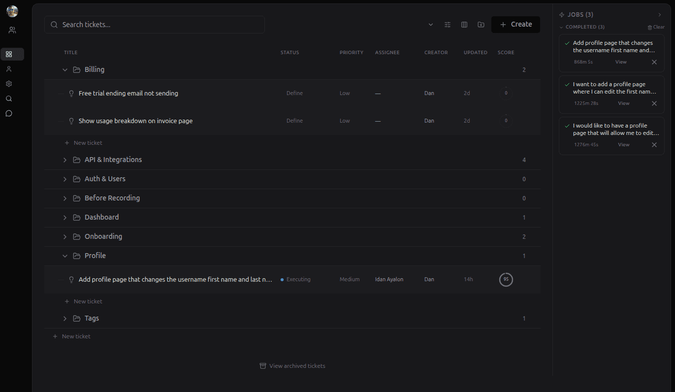 Forge ticket management interface showing AI-enriched tickets with quality scores